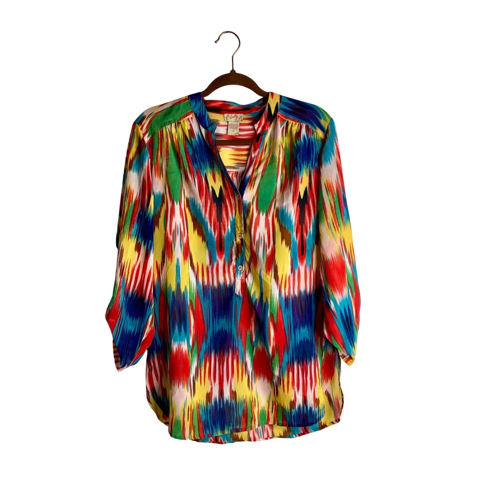 Scully Colorful Ikat Print Boho Tunic Top Festival Vibrant Art 3/4 Sleeve M